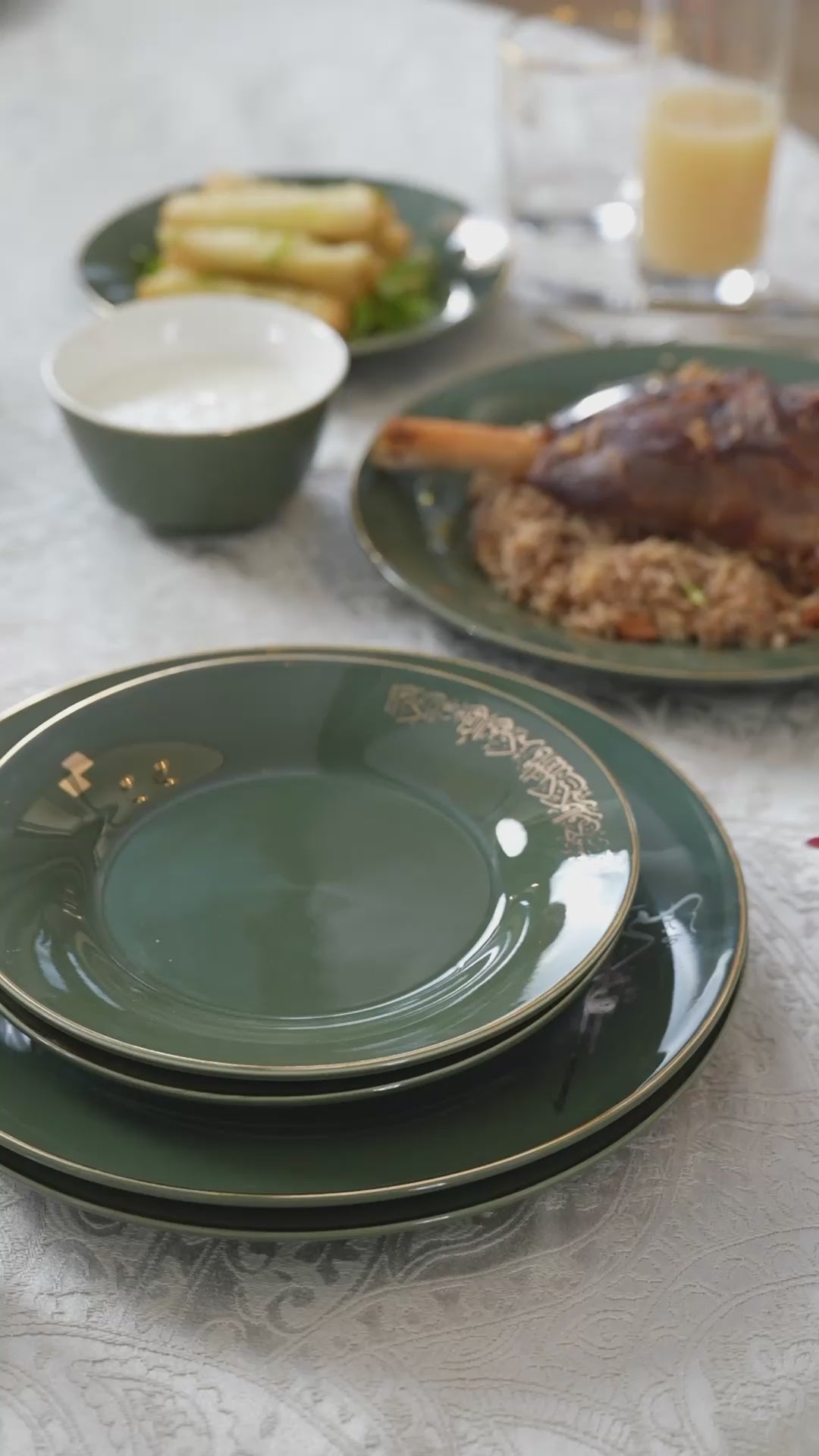 Liqa'a - Dinner Set (18-Pc) - Olive Green  & Gold