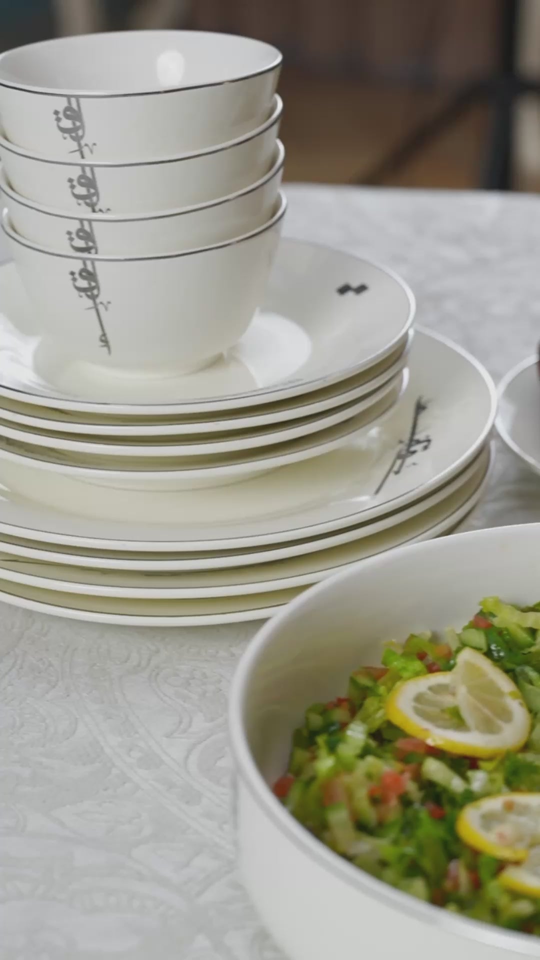 Liqa'a - Dinner Set (18-Pc) - Pearl White & Silver