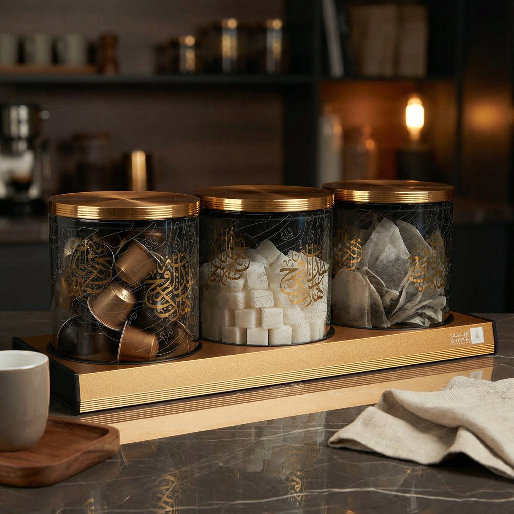 Luxury Gold Glass Canister Set – 3-Piece Jar Set with Tray by