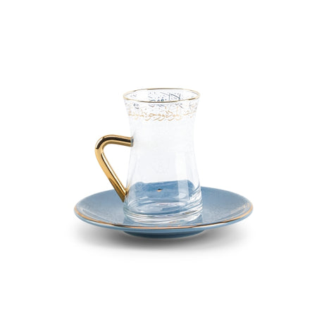 Elegant Joud- 6-Pc Tea glass & Saucers Set -Blue & Gold