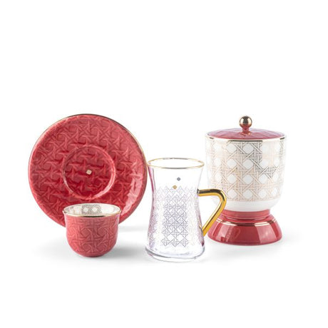 Rattan- Tea Set, Set Of 19- Red & Gold