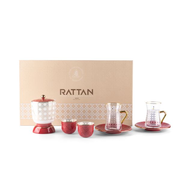 Rattan- Tea Set, Set Of 19- Red & Gold