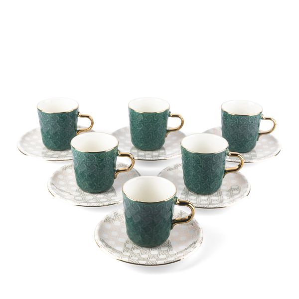 Rattan- American Coffee Cups, Set Of 12- Green & Gold