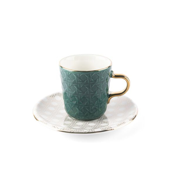 Rattan- American Coffee Cups, Set Of 12- Green & Gold