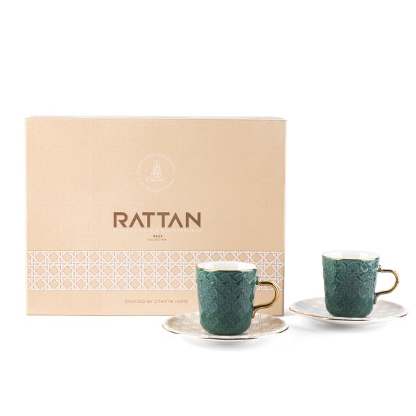 Rattan- American Coffee Cups, Set Of 12- Green & Gold