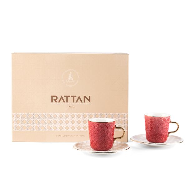 Rattan- American Coffee Cups, Set Of 12- Red & Gold